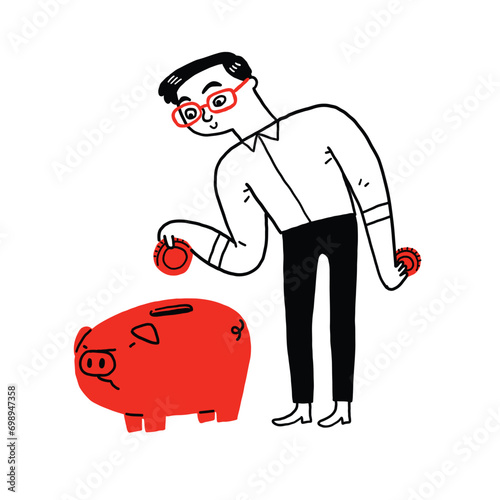 Finance business concept, Young man saving money Putting money in a piggy bank.
