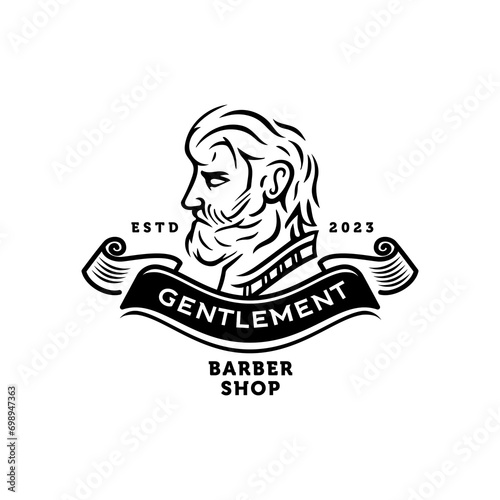 vintage barber badge crest logo with man face. gentleman with beard retro classic Victorian style barbershop logo vector