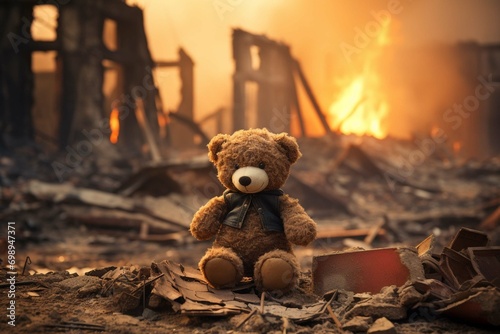  Kids teddy bear toy over city burned destruction of an aftermath war conflict, earthquake or fire and smoke of world war against children