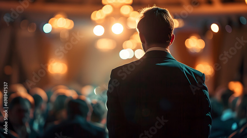 Business coach speaks on stage in front of people. Back view. Business training concept.