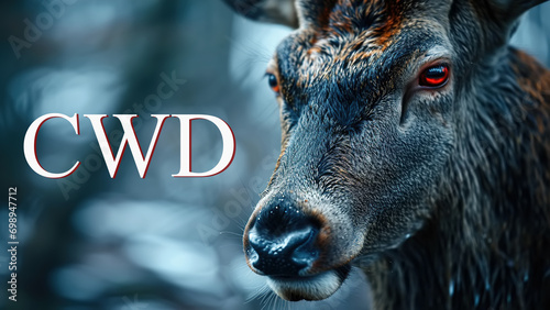 CVD disease, zombie deer with red eyes. Animal suffering from Chronic Wasting Disease in forest photo