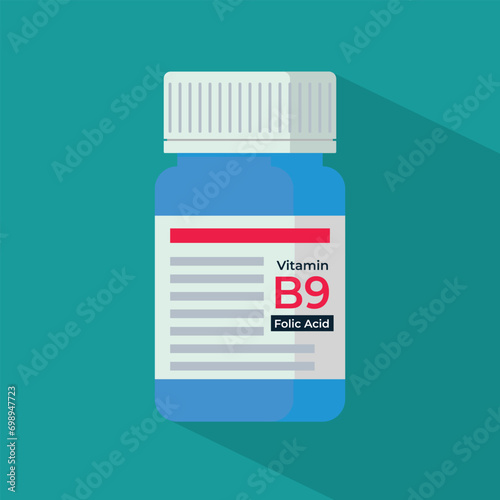 Folic acid bottle. Vitamin B9 isolated with long shadow. Supplement helps prevent child birth defects.
