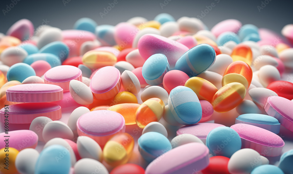 Close up of colorful pills on grey background. 3D Rendering. Close up of colorful pills on grey background. 3D Rendering.