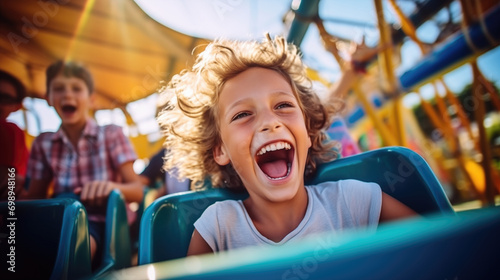 Little girl having exciting experience in the roller coaster at an amusement park. © Pro Hi-Res