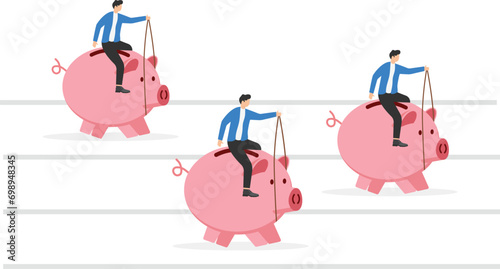 Saving money concept, Running with piggy bank, Flat business cartoon vector illustration.
