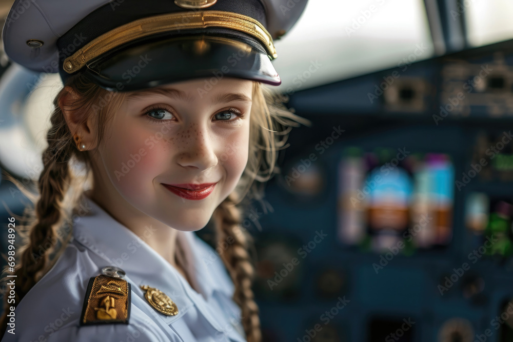 A little girl dressed as an aeroplane captain, a girl pilot of an aeroplane A little girl dressed as an aeroplane captain, a girl pilot of an aeroplane