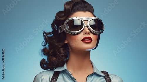 Portrait of beautiful young woman wearing retro aviator goggles on a simple blue background. Vintage fashion, steampunk style. Retro aesthetics, pin-up, 60s vibes. Women's Day photo