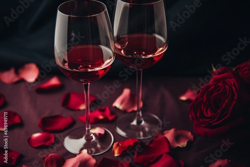 Two glasses of red wine and red rose petals on the black table. Romantic dinner concept. Luxury, elegant and beautiful. Love and passion background. Birthday, wedding celebration or Valentine's Day