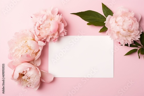 A greetings card with beautiful pink flowers piones on a pink background. Valentines day, wedding or birthday gift card mockup #698950133
