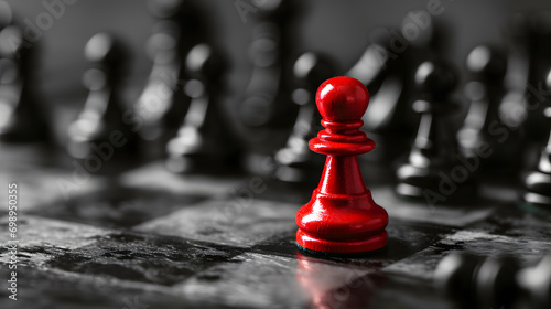 Leadership concept. Red figure of chess, standing out from the crowd of pawns.  photo