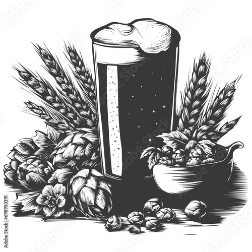 vector beer glass full of wheat beer with foam. Vintage etched beer mug isolated on white background. Alcoholic beverage in glassware with hops, and ears of grain. Great for bar, menu, window design, 