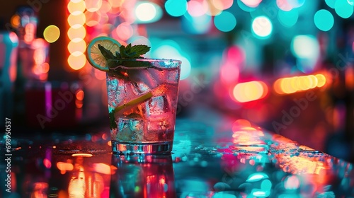 A refreshing cocktail in a glass with ice and decorated with mint on a wooden table in a restaurant or bar. Nightlife background photo