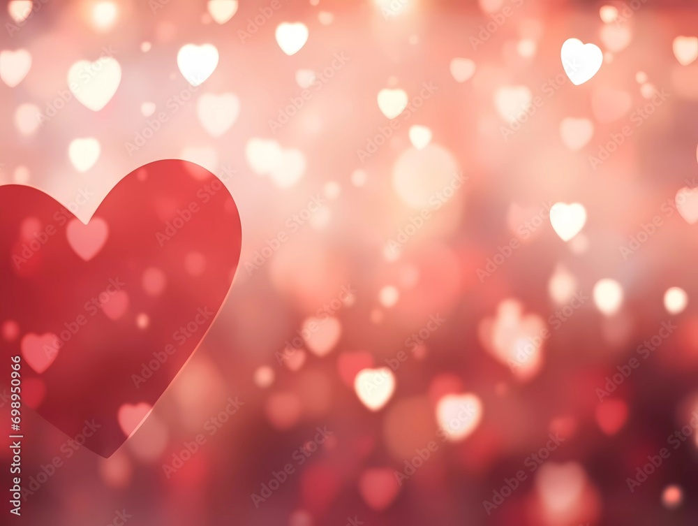 Valentines day party decorations background, Red hearts on blurred bokeh background, copy space banner.