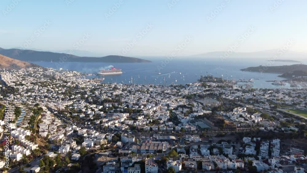 Bodrum City On The Bodrum Peninsula In Mugla Province, Turkey. Sunny Morning View. aerial shot Bodrum City On The Bodrum Peninsula In Mugla Province, Turkey. Sunny Morning View. aerial shot