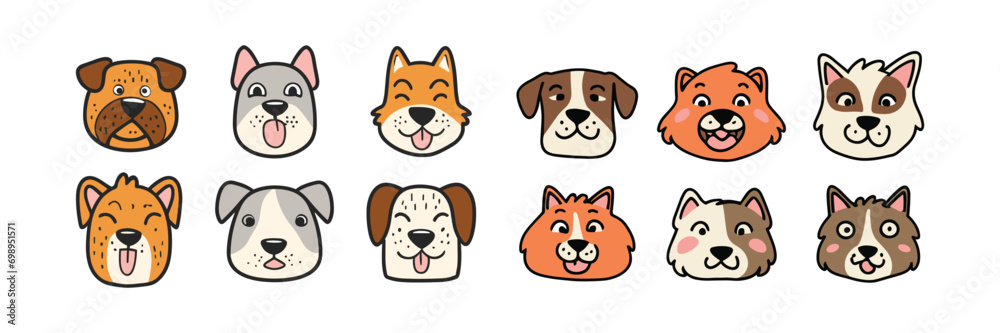 Cute and smiling dog heads doodle vector set. happy dog faces character design of bulldog, lion, wolf with flat color isolated on white background Cute and smiling dog heads doodle vector set. happy dog faces character design of bulldog, lion, wolf with flat color isolated on white background