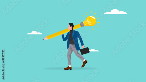 Best Businessman carrying huge with shining light bulb combined with graphite pencil illustration. knowledge. creativity or innovation to create business success illustration