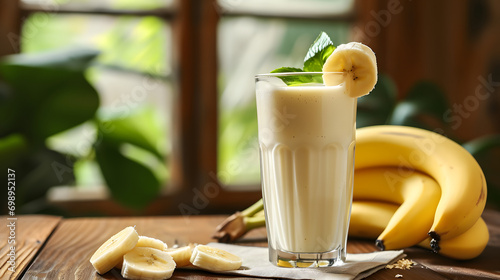 Food photography background - Healthy banana smoothie milkshake in glass with bananas on table ()