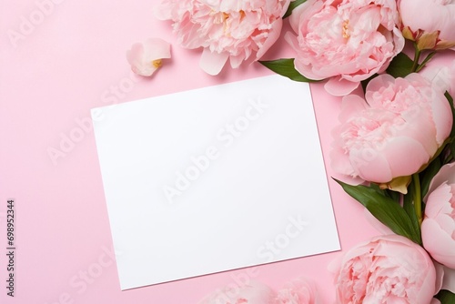 A greetings card with beautiful pink flowers piones on a pink background. Valentines day, wedding or birthday gift card mockup