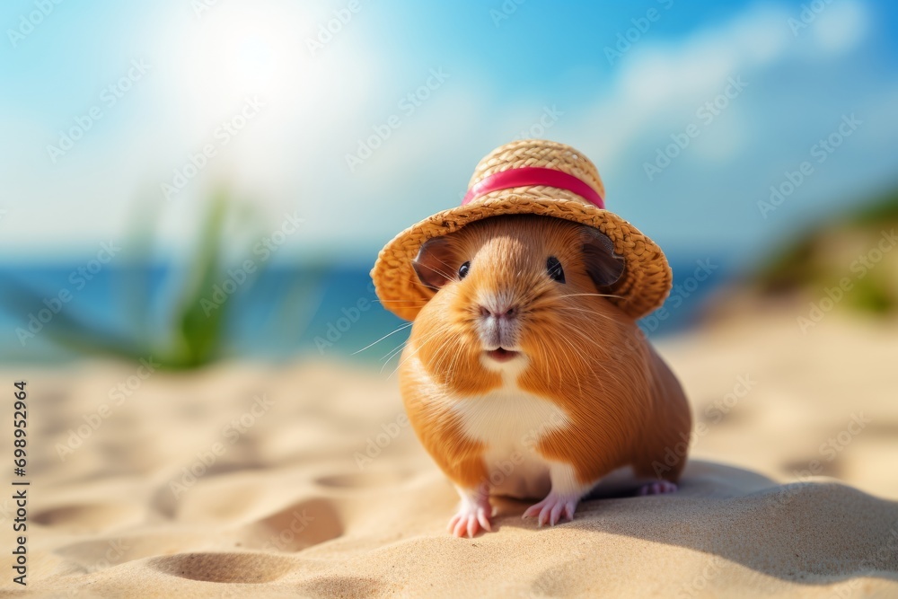 Cute guinea pig wearing a straw hat on the beach by the ocean