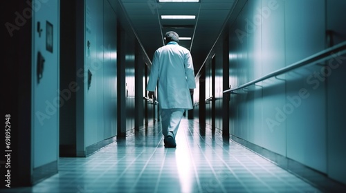 Doctor walking down the hallway in the hospital.