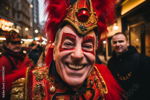 close-up of smiling mature man dressed in carnival dress with red headdress