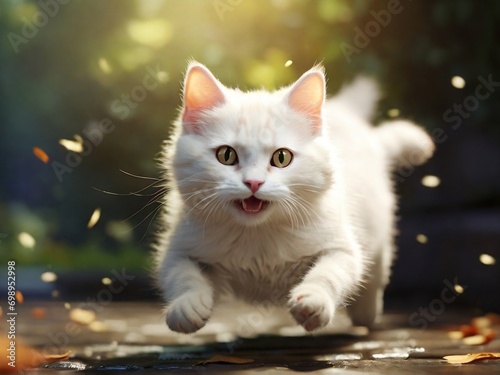 cute white cat running and playing