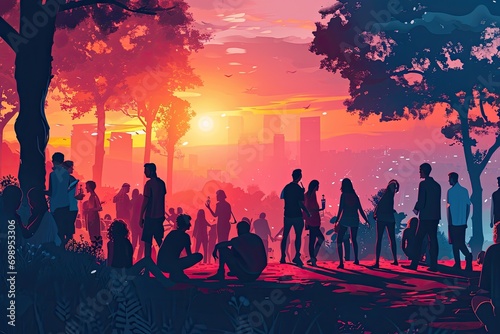A group of people attending a music festival, contemporary digital art with a flat design aesthetic