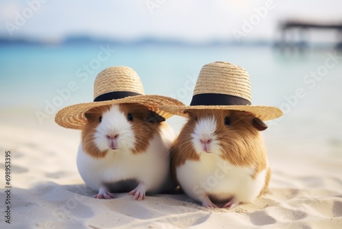 A couple of cute guinea pigs wearing a straw hats on the beach by the ocean