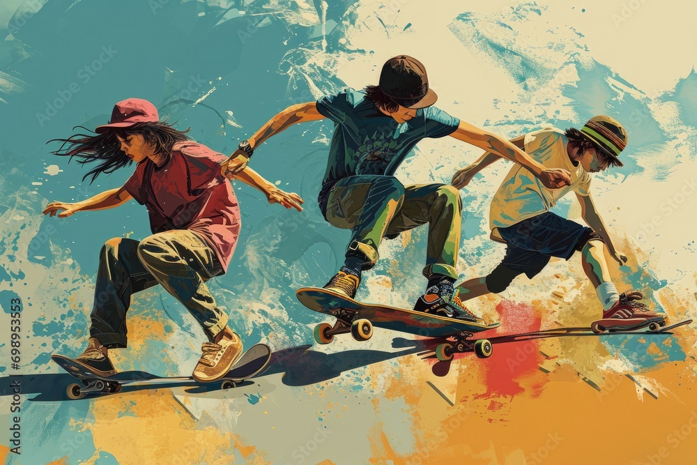 A group of teenagers skateboarding, street art style with bold lines and urban graffiti elements
