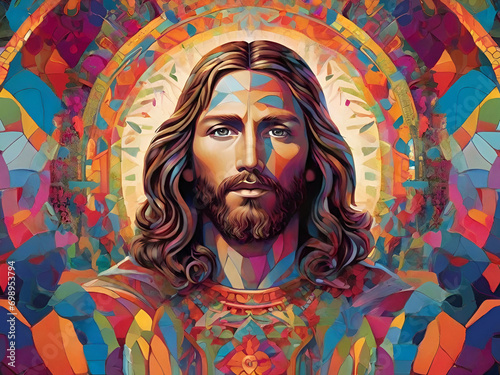 Explore the depths of spirituality with a creative and visually descriptive rendering of Jesus  infused with a dynamic and colorful pattern