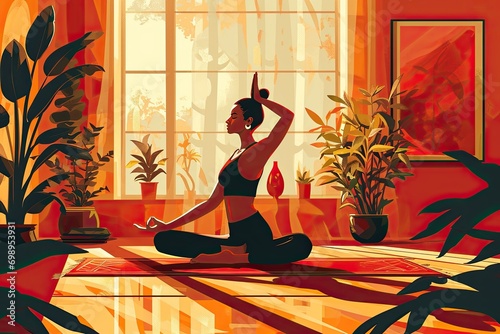 A person attending a yoga class in a studio, contemporary digital art with a flat design aesthetic, with bold color contrasts, simplified shapes, and clean lines