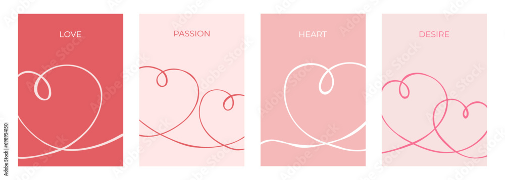 Romantic cards with hand drawn hearts. Love symbols. Line art drawing for wedding invitations or Valentine's Day holiday greetings. Vector illustration.