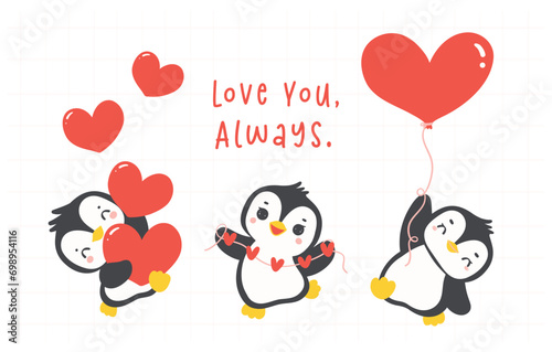 Cute penguins Valentine with heart cartoon drawing  illustration animal set.