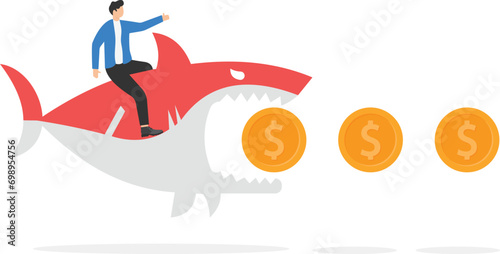 Angry shark biting coin. Business vector illustration concept

