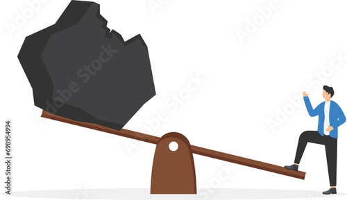 Man with huge stones on seesaw. Concept business balance vector illustration, Rock, Pushing

