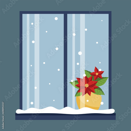 Poinsettia flower stands on the window it is snowing outside. Vector flat illustration