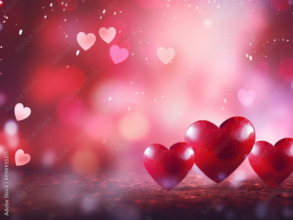 Valentines day party decorations background, Red hearts on blurred bokeh background, copy space banner.