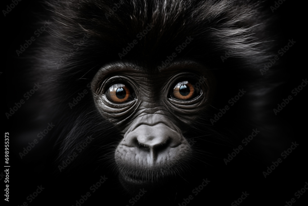 Fototapeta premium portrait of a baby gorilla looking at the camera on black background