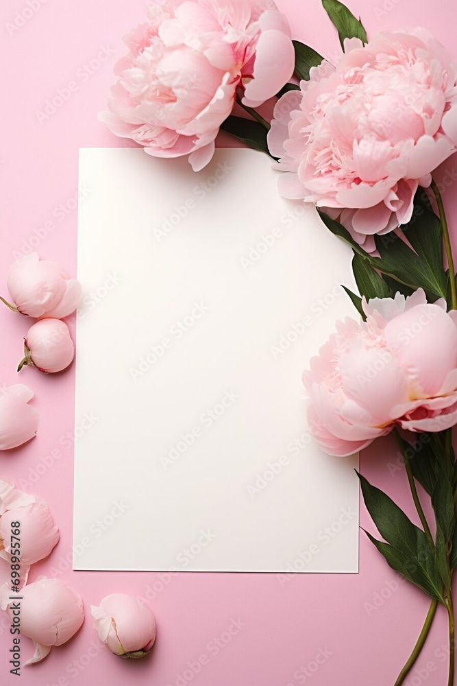 A greetings card with beautiful pink flowers piones on a pink background. Valentines day, wedding or birthday gift card mockup A greetings card with beautiful pink flowers piones on a pink background. Valentines day, wedding or birthday gift card mockup