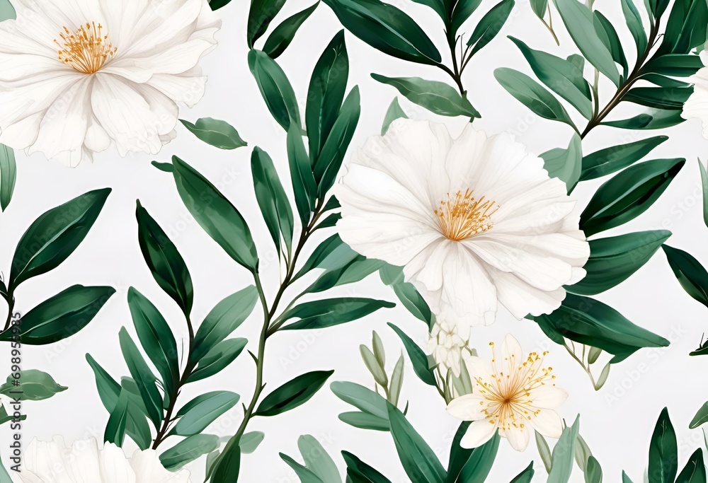AI illustration of a set of watercolor flowers and leaves AI illustration of a set of watercolor flowers and leaves
