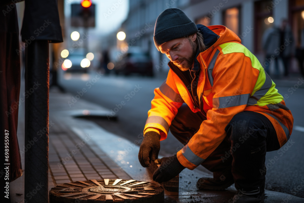 Man working on city street at night. Concept of urban maintenance. Man working on city street at night. Concept of urban maintenance.