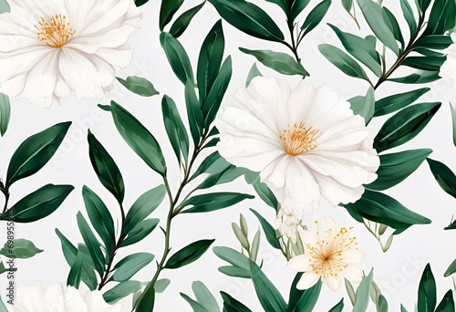 AI illustration of a set of watercolor flowers and leaves