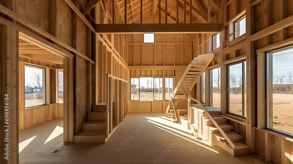 Fototapeta premium Banner construction industry wooden house. Interior frame of new wood building truss, post and beam framework