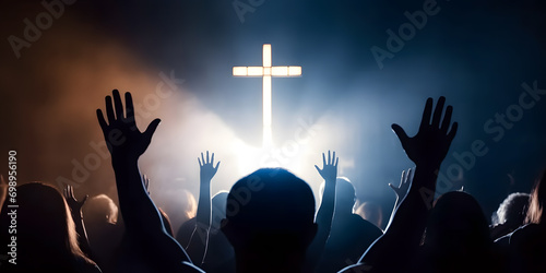 Fotótapéta Christian worship God together hold hands and hugs warmth in Church, sun light background with sunset