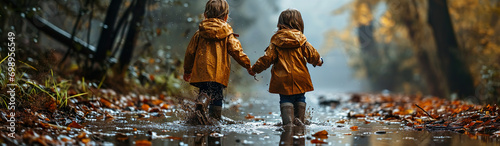 Children Walking Along An Autumn Stream. Illustration On The Theme Of Childhood And Happiness, Fun And Nature, Relaxation And Family. Generative AI 