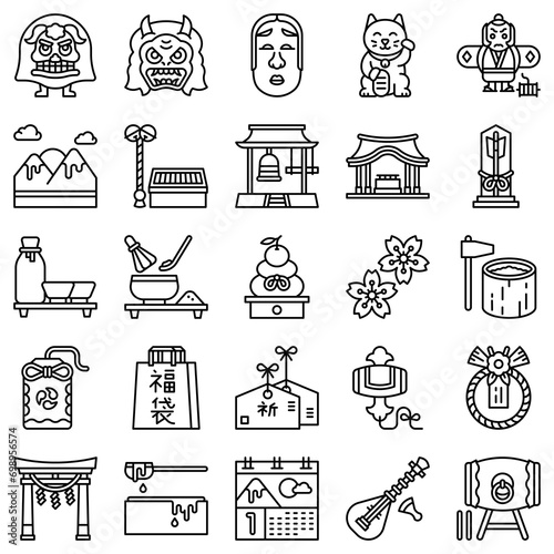 Japanese New Year related line icon set