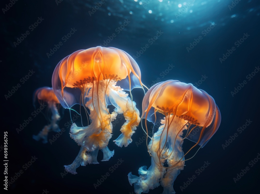 Beautiful transparent jellyfish swimming in the deep sea, black backgrounds Beautiful transparent jellyfish swimming in the deep sea, black backgrounds