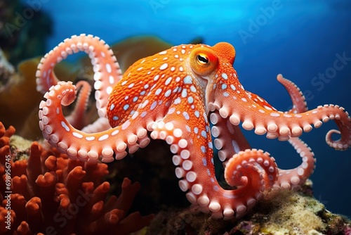 Octopus on the bottom of the sea. Close-up.