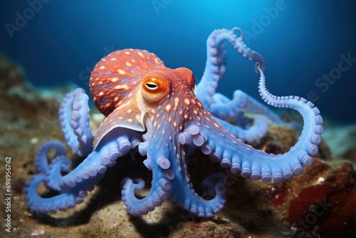 Octopus on the bottom of the sea. Close-up.