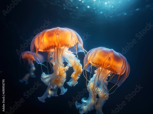 Beautiful transparent jellyfish swimming in the deep sea, black backgrounds © Instacraft.Studio